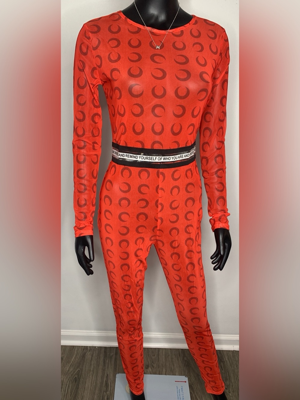 Red Printed Stretch Bodysuit with Branded Waistband